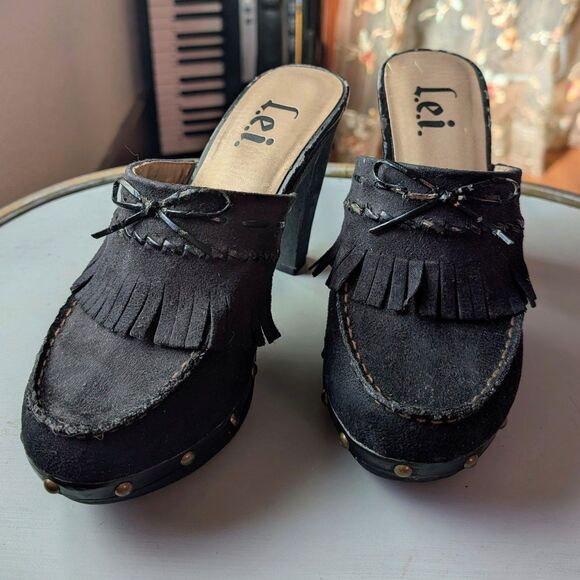 Lei Vintage Y2k Black Tassel Platform Mule Clog Heels - Picture 2 of 7